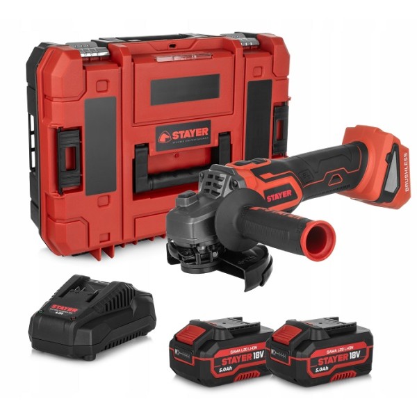 Акумулаторен ъглошлайф Stayer AGBX L2024 SET, 18 V Brushless, комплект с 2 батерии 4.0 Ah и зарядно